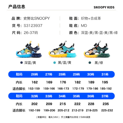 SNOOPY史努比童鞋男童包头凉鞋夏季男孩儿童轻便沙滩鞋潮3937黑绿27