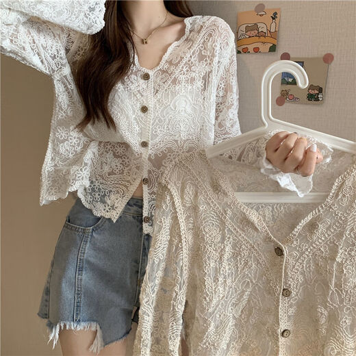 FOURDATRY hollow cardigan thin women's outer blouse summer new lace crochet shawl fairy top jacket apricot one size 75Jin Jin equals 0.5kg -120Jin Jin equals 0.5kg
