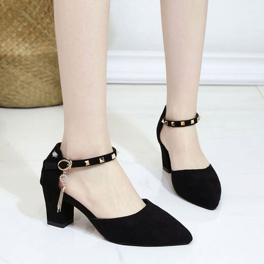 Daohuatu Large Size Baotou Sandals Women's Thick Heels 41-43 Fairy Style High Heels Pointed Toe Versatile Suede One-Buckle Women's Single Shoes Black Thick Heels Upgraded to Standard Size 34