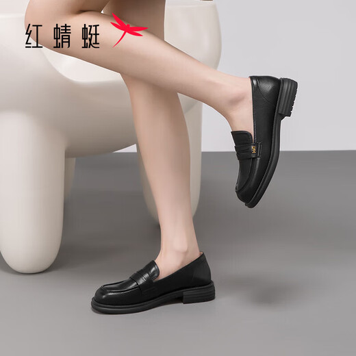 红蜻蜓乐福鞋女春秋季英伦风方头软底单鞋女方跟皮鞋女WLB14137 黑色 38