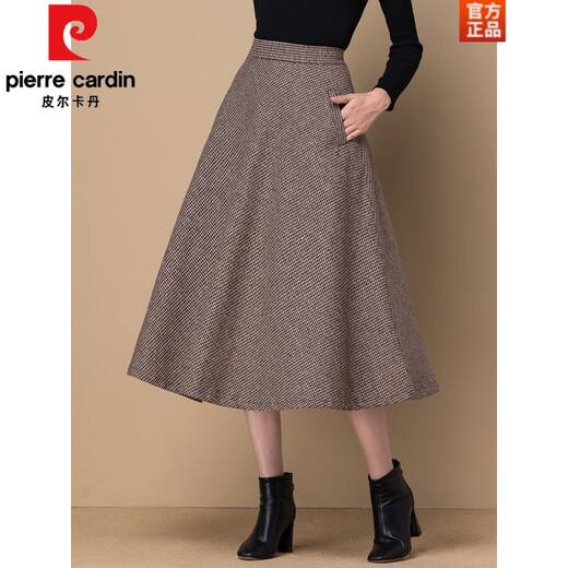 Pierre Cardin (Pierre Cardin) temperament women's woolen A-line skirt women's spring autumn and winter skirt mid-length retro high-waist large size mid-length skirt gray and white houndstooth L