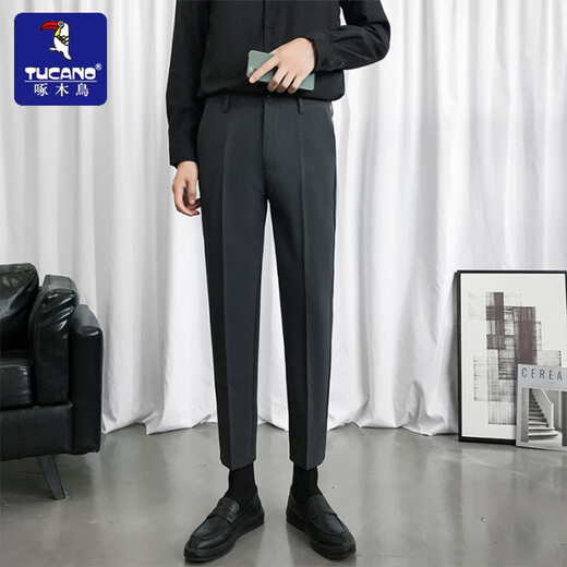 Woodpecker trousers men's summer thin semi-business suit pants for free ironing slim draping straight ice silk casual nine-point pants black [9-point pants] XL (32) [Suggested 120-140Jin [Jin equals 0.5 kg]]