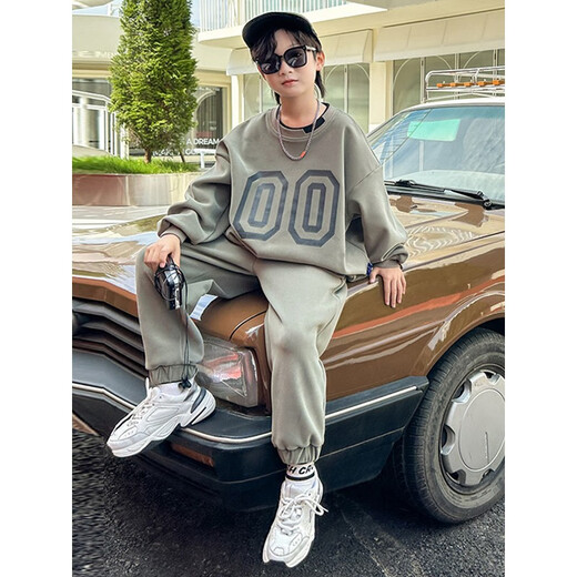 Lordton RUODEDUN light luxury brand children's sports suit men's plus velvet thickened sweatshirt sports suit autumn and winter two-piece set winter clothes boys brown 120cm