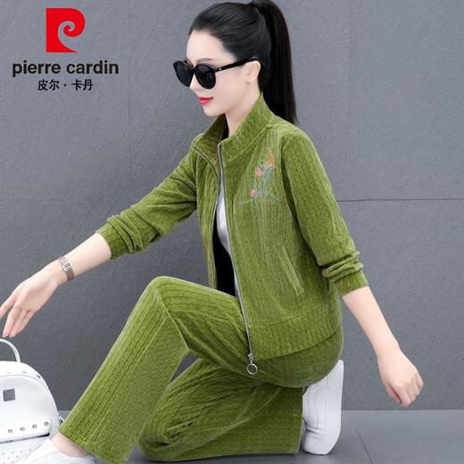 Pierre Cardin Gold Velvet Sports Drei-teiliges Set für den Frühling und Herbst für Frauen 2023 Neue modische und modische altersreduzierende Cord-Sweatshirt 9866 Bohnenpaste Red (Drei-teiliger Cord-Set) XL 111-120jin [Jin gleich 0,5 kg]
