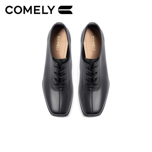 Kang Li's black leather shoes for women's thick heels 2024 autumn new fashion square-toe lace-up French nude boots commuting deep mouth shoes black (sheep leather) 36

