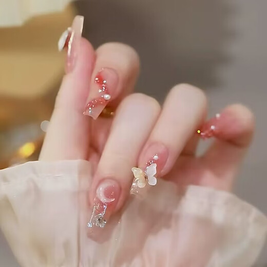 春夏高级感假指甲可拆卸可摘美甲甲片成品穿戴式指甲贴蝴蝶穿戴甲 L15260温柔山茶蝴蝶【长款】 美甲胶水款