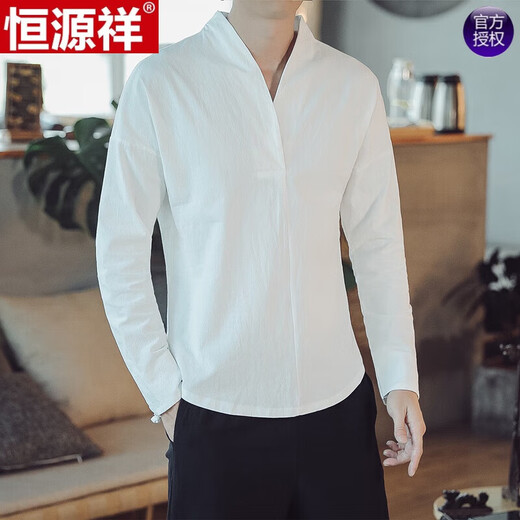 恒源祥中国风男春秋季亚麻长袖t恤男士打底衫复古风汉服唐装棉麻上衣服 7029深灰色  长 袖 XL