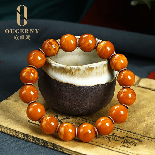 OUCERNY collectibles old wax flower wax flame pattern beeswax bracelet loose beads natural chicken fat yellow full honey single circle amber bracelet for women 8mm + old flower wax bracelet selected for delivery