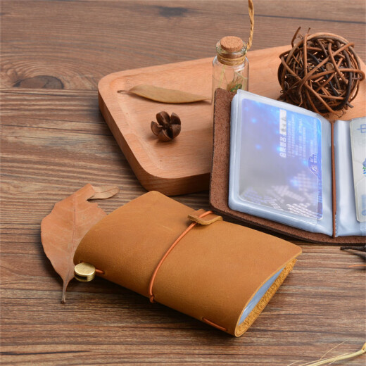 AIGUONIU large capacity card bag genuine leather bank card storage clip simple creative retro top layer cowhide storage bag business card clip oil wax leather camel color/camel