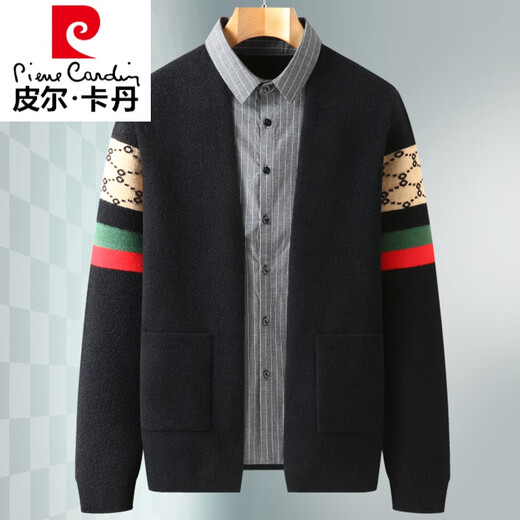 皮尔卡丹（pierre cardin）潮胖子加肥大码衬.衫领假两件男针织衫开衫外套肥佬外穿毛线衣 2211黑色假两件款 6XL