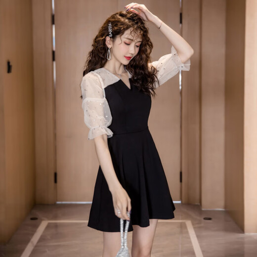 Langyue women's summer Korean style short-sleeved dress little black dress evening dress women can usually wear fashionable casual loose A-line skirt small fresh and sweet LWQZ2033T2 black L