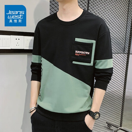 Jeanswest sweatshirt men's spring and autumn round neck loose pullover hoodless 2026 new spliced ​​bottoming shirt long-sleeved t-shirt for men 21116 grass green 2XL