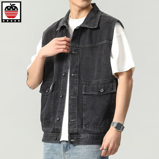 
AEMAPE Apple denim vest men's jacket European and American trendy spring large pocket sleeveless tops fashion brand vest horse clip 9215# black 5XL (recommended 230 250Jin [Jin equals 0.5 kg])