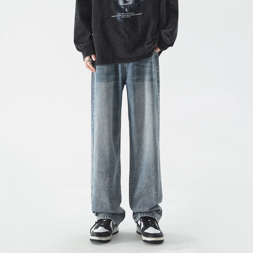 Dingfengbaoluo American jeans men's autumn high street straight loose trendy brand boys wide-leg trousers DFS05 retro blue XL