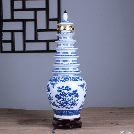 Xindeheng Jingdezhen Ceramics 5 Jin Jin equals 0.5 kg, blue and white porcelain sealed long neck flat lid wine bottle, cool bottle wine jar, double dragons playing with beads 3 Jin Jin equals 0.5 kg, blue and white porcelain tower (with lock)