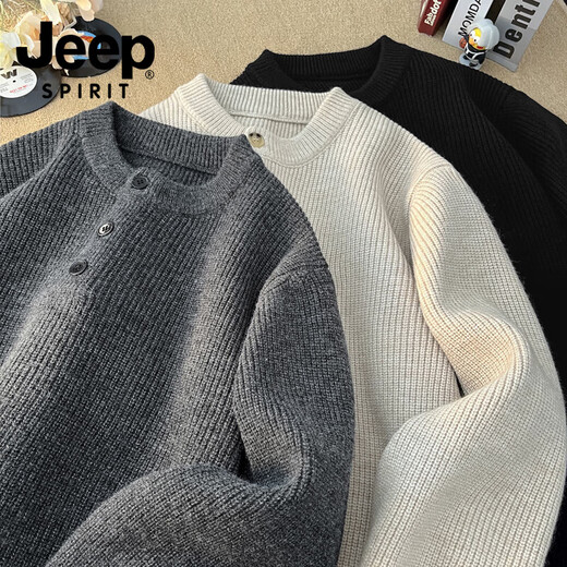 JEEP SPIRIT 2025 American casual retro Henry collar sweater men's autumn and winter lazy style high-end knitted sweater for men black L
