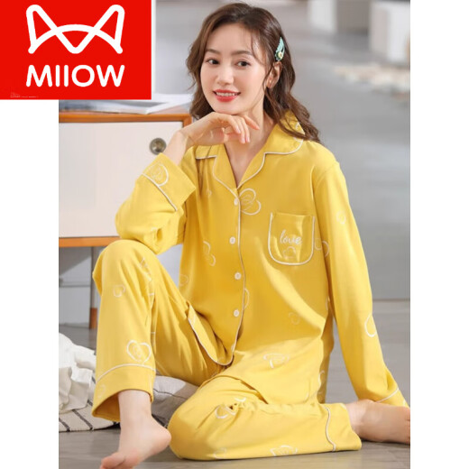 猫人（MiiOW）100%纯棉睡衣女春秋季长袖本命年新年红色喜庆家居服套装 GD-9755虾粉色【100%纯棉套装】 M 【建议80-100斤】