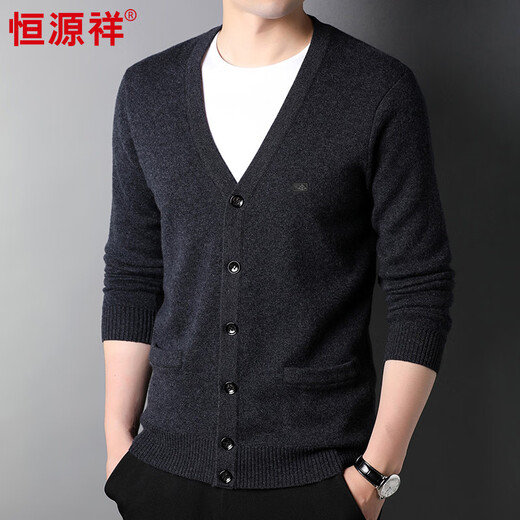 Hengyuanxiang 100% wool sweater cardigan thickened winter warm sweater middle-aged and elderly jacket HJ224 medium gray 175/92A