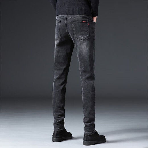 JEEP SPIRIT jeans men's winter new style plus velvet slim feet pants for men casual trendy elastic straight trousers QQN-1048 black 29