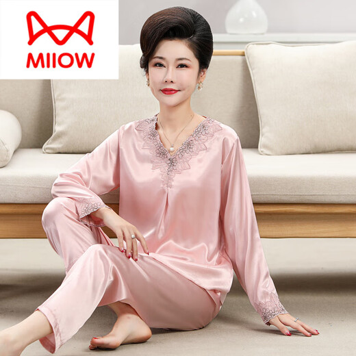 猫人（MiiOW）妈妈睡衣女2025年新款舒适夏季长袖中老年人丝绸家居服套装可外穿 683浅粉（长款款） M 建议80-95斤