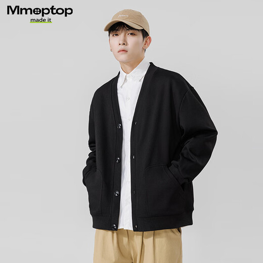 MMOPTOP Japanese solid color sweater long-sleeved men's autumn and winter retro loose V-neck cardigan MT2350 black 2XL
