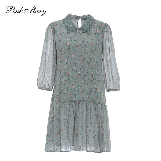 PinkMary Pink Mary Mall Sême printemps et automne Mulberry Silk Robe Floral Jupe à manches longues PMALS5009 Retro Green XS