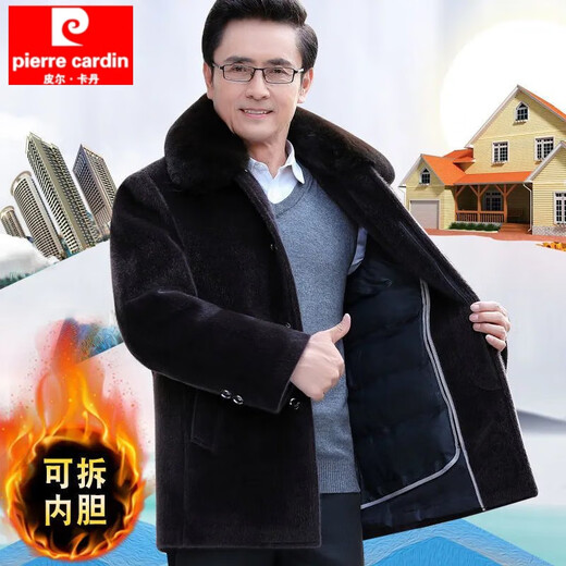 Pierre Cardin middle-aged and elderly men's mink fur coat men's short coat plus velvet thickened coat dad and the elderly winter clothing black plush lining one 180/96A recommended 110-125Jin Jin equals 0.5 kg