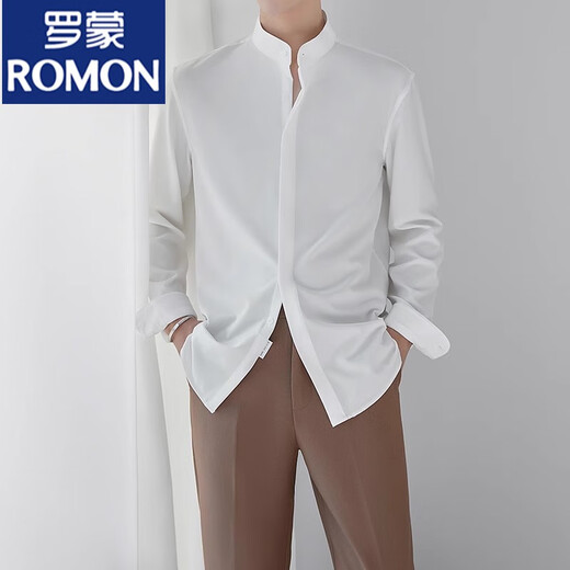 罗蒙（ROMON）新中式立领衬衫男士春夏新款衬衣感冰丝垂感中袖五分袖薄款 C190白色1(单件装) L