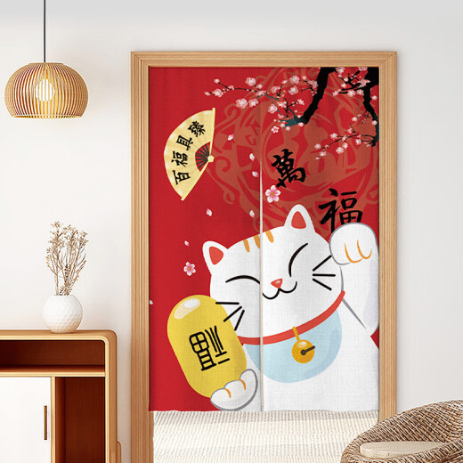 Shengshi Taibao door curtain fabric Japanese style short cartoon punch-free living room bathroom with pole Lucky Cat 85*120cm