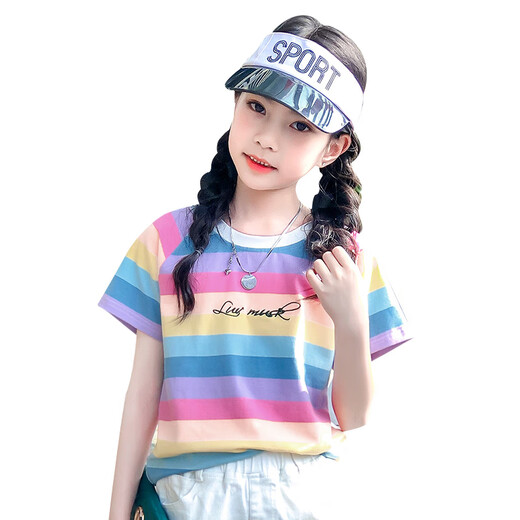 Pitt Pitt Girls Kurzarm T-Shirt Sommer 2025 Neue große Kinder Halbärmel Regenbogenstreifen t Kinder modisch Top Sommer 9889 Weiß 140 cm