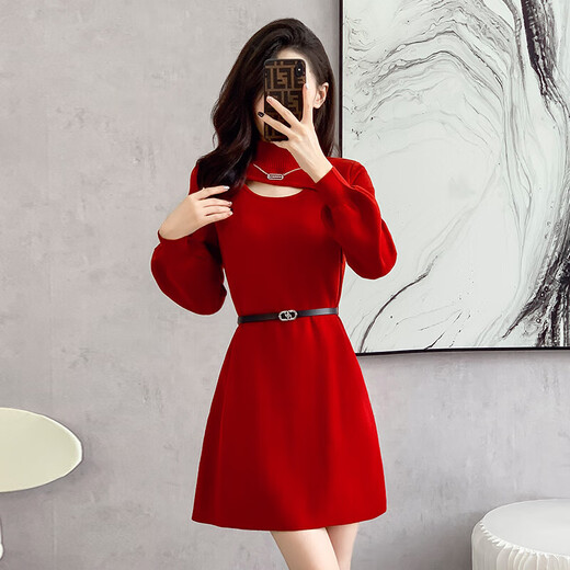 Xiao Yu (XIAOYU) 2025 Spring and Autumn New Women's Dress Small Bottoming Knitted Red Temperament Clothes Black One Size (Recommended 85-135Jin Jin is equal to 0.5 kg)
