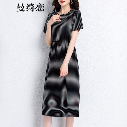 曼绮恋短袖条纹t恤女2022新款夏季中长款过膝纯棉连衣裙宽松显瘦百搭系带T恤裙子潮 藏青条纹6627 L