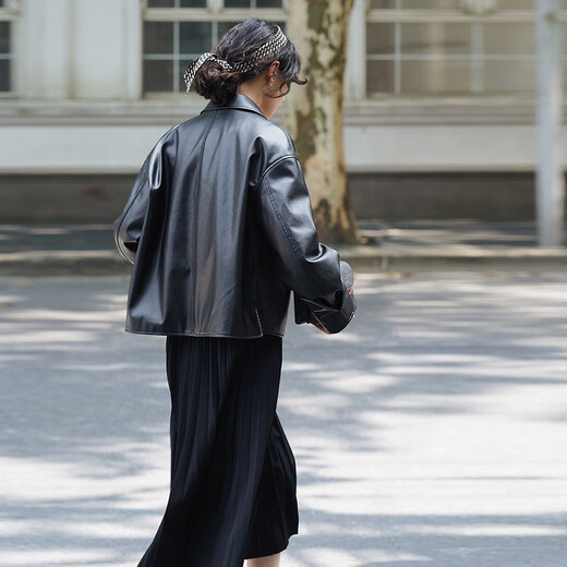 GARNUO黑色短款皮衣外套女春秋新款小个子休闲美式复古pu机车服夹克上衣 黑色 S【80-100斤】