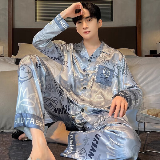 Langsha Men's Pyjamas Spring and Automne Ice Silk Silk Long Manche à style mince Adolescent Garçons Summer Home Claid Cardigan Suit 844 L Taille 90-120Jin [Jin est égal à 0,5 kg]