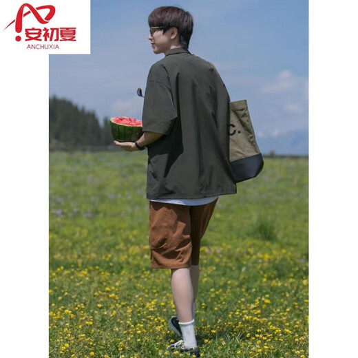 安初夏半拉链polo领短袖t恤男士休闲套装夏季男装三件套日系穿搭配衣服 棕色外衣+棉短T+卡其长K XL 【推荐120-140斤】