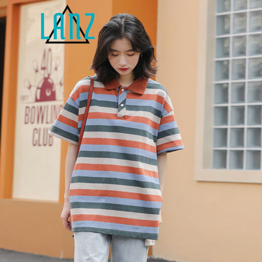Lan Ye Japanese contrasting color retro striped POLO shirt vintage style student short-sleeved tee2023 new versatile T-shirt bottoming shirt picture color one size