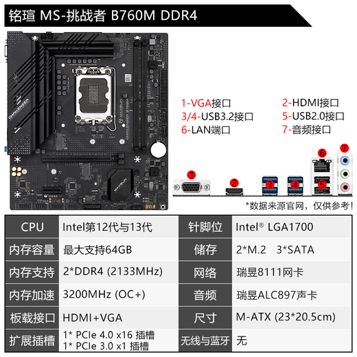 
Mingxuan (MAXSUN) 12/13/14th generation Board u i3 12100f 13100f 14100f scattered tablets Motherboard CPU set Challenger B760M DDR4 12th generation i3-12100F scattered tablets [three years of store insurance]