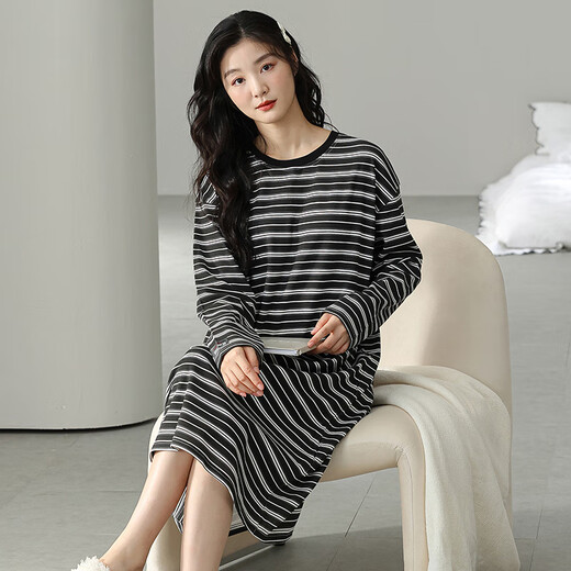 熊司令2024年新款睡裙女春秋纯棉感秋冬季睡衣可外穿条纹家居服 w9767长袖睡裙 M  70-90斤