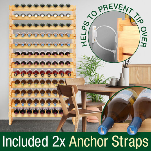NutriChef bamboo stackable wine rack, 12 layers, 108 bottles, tool-free assembly, modular storage, kitchen and wine cellar storage, 85cm high
