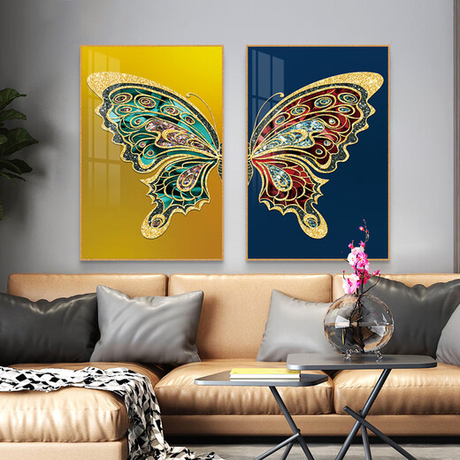 YIJLJ北欧轻奢客厅装饰画现代简约餐厅背景墙两联蝴蝶壁画卧室床头挂画 比翼双飞11172-1/11172-2 50*70晶瓷铝合金框金框