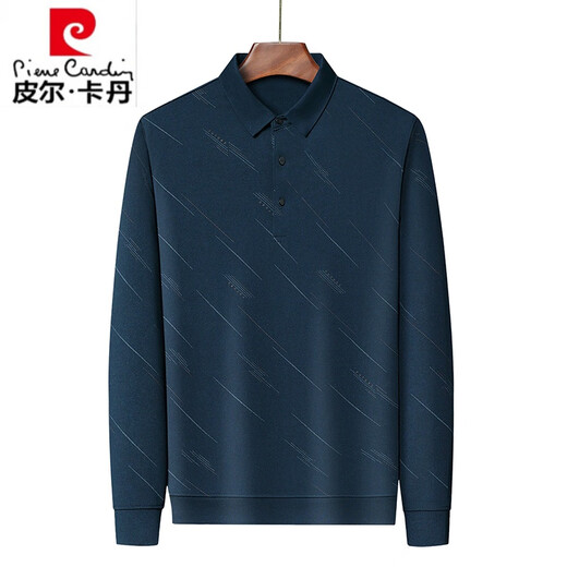 皮尔卡丹（pierre cardin）高档春秋季纯棉男士t恤长袖2023新款中年休闲男装薄款爸爸体恤衫 826藏青 L 170建议120-140斤