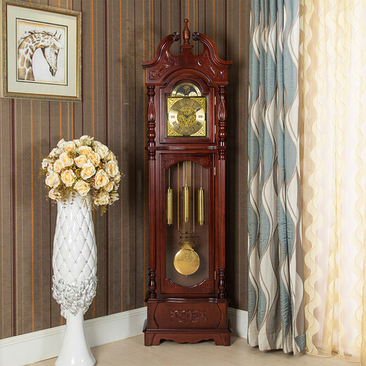 Yunhao floor clock solid wood hand-carved retro simple European mechanical movement clock new Chinese style living room watch dotted time, auspicious and wishful mahogany color 14 inches