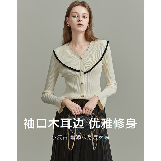 Demana French style winter V-neck velvet yarn ruffles contrasting color cardigan fungus edge knitted sweater women's top