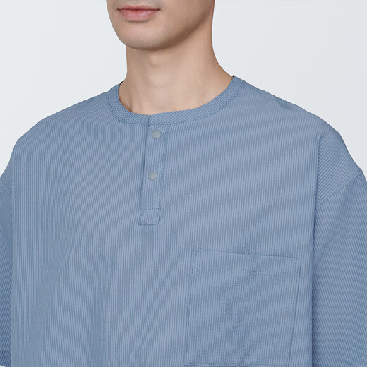 无印良品（MUJI） 男式 易干弹力泡泡纱 亨利领短袖衫 男士打底衫男款 AC1WAA4S 烟熏蓝色 L 175/100A