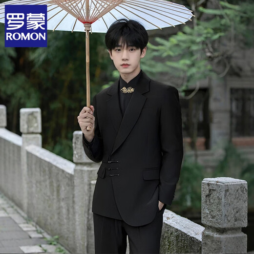 Romon High-End Neues chinesisches Stand-up-Kragen Zhongshan Anzug Jacke Herren Engagement Bräutigam Hochzeit Nationaler Anzug Kleid Tang Anzug Schwarz [Mantel + Hosen + Stand-up-Kragen schwarzes Hemd] xl