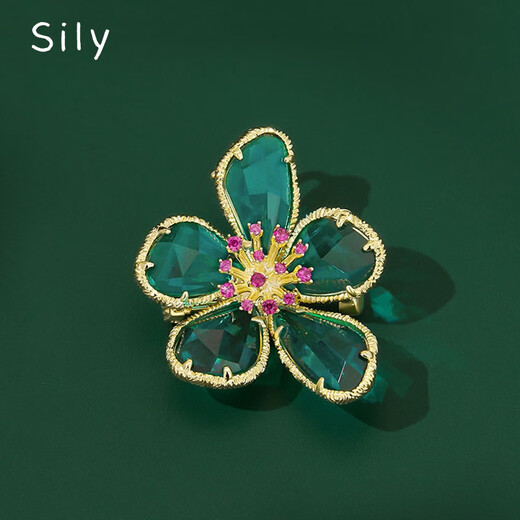 Sili European and American crystal flower brooch women's new exquisite corsage coat pin accessories gold green crystal flower