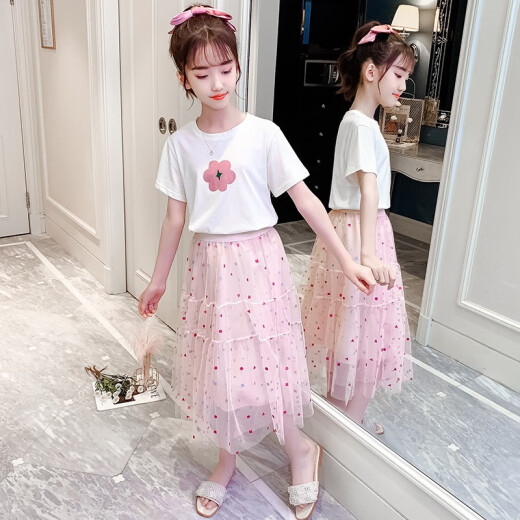 Children's clothing, girls' suits, summer dresses, children's suits, girls' short-sleeved T-shirts and skirts, two-piece suits, casual clothes for middle-aged and older children, 4-14 years old, children's clothing, beige + pink skirt S185150, recommended height 140cm