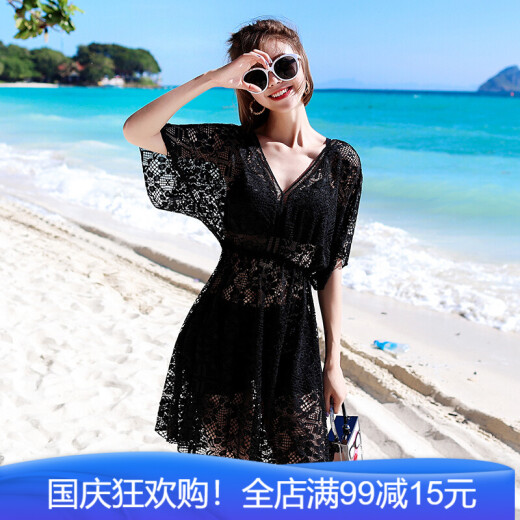 Yifu swimwear women's three-piece ins fashionable belly-covering slimming sexy bikini cover-up hot spring swimsuit black three-piece L [recommended 105-120 Jin [Jin equals 0.5 kg]] does not pill or fade