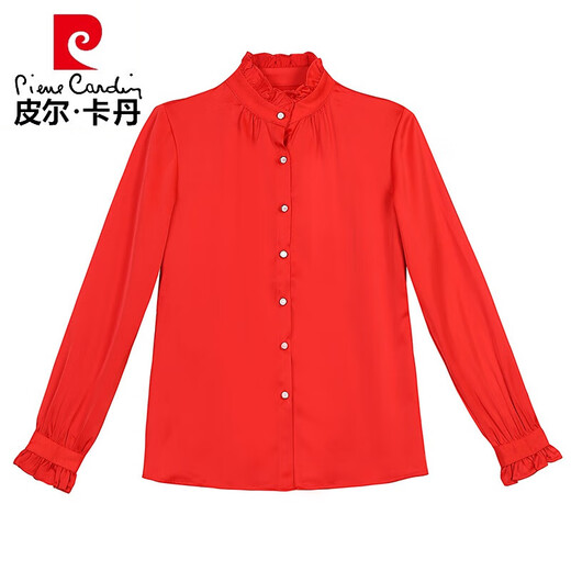 Pierre Cardin Stand Halsband Chiffon Shirt Frauen Langarm 2023 Frühling und Herbst Neues modisches Basishemd mit hohem Hals mit mittlerem Alter CZP5012 Aprikosenfarbe 3xl
