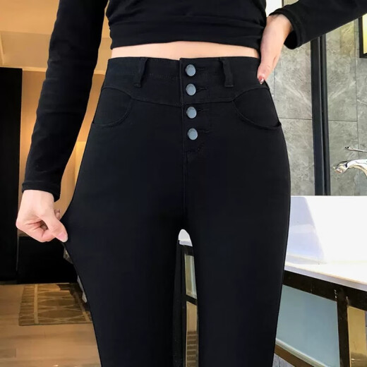 Shibo black leggings women's outer trousers spring and summer thin nine-point stretch tight high waist slimming little feet pencil pants buttoned extended version tall (spring and autumn) XL (116-125Jin [Jin equals 0.5 kg])